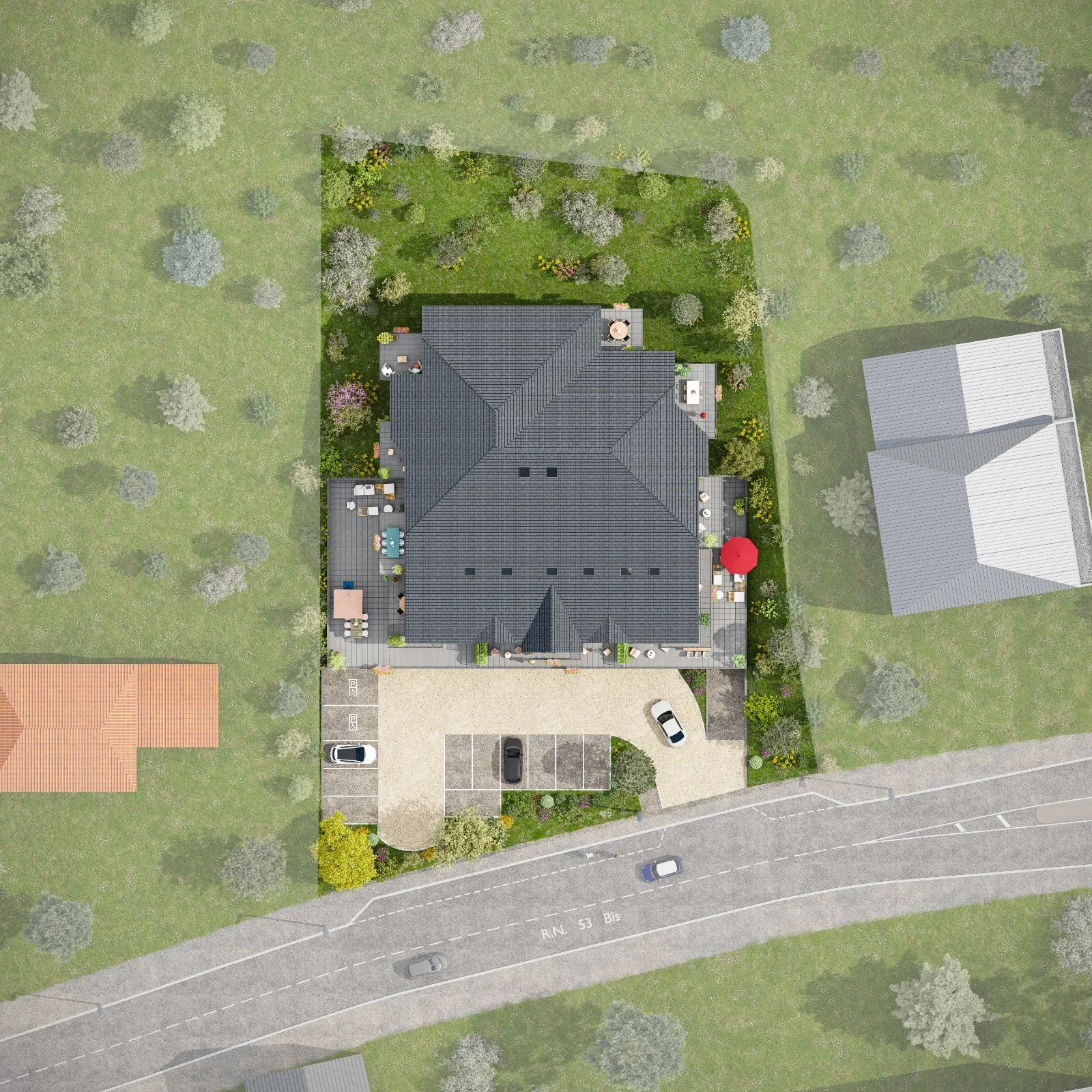 Vue aérienne de la résidence Les Amandiers à Apach et de ses espaces extérieurs